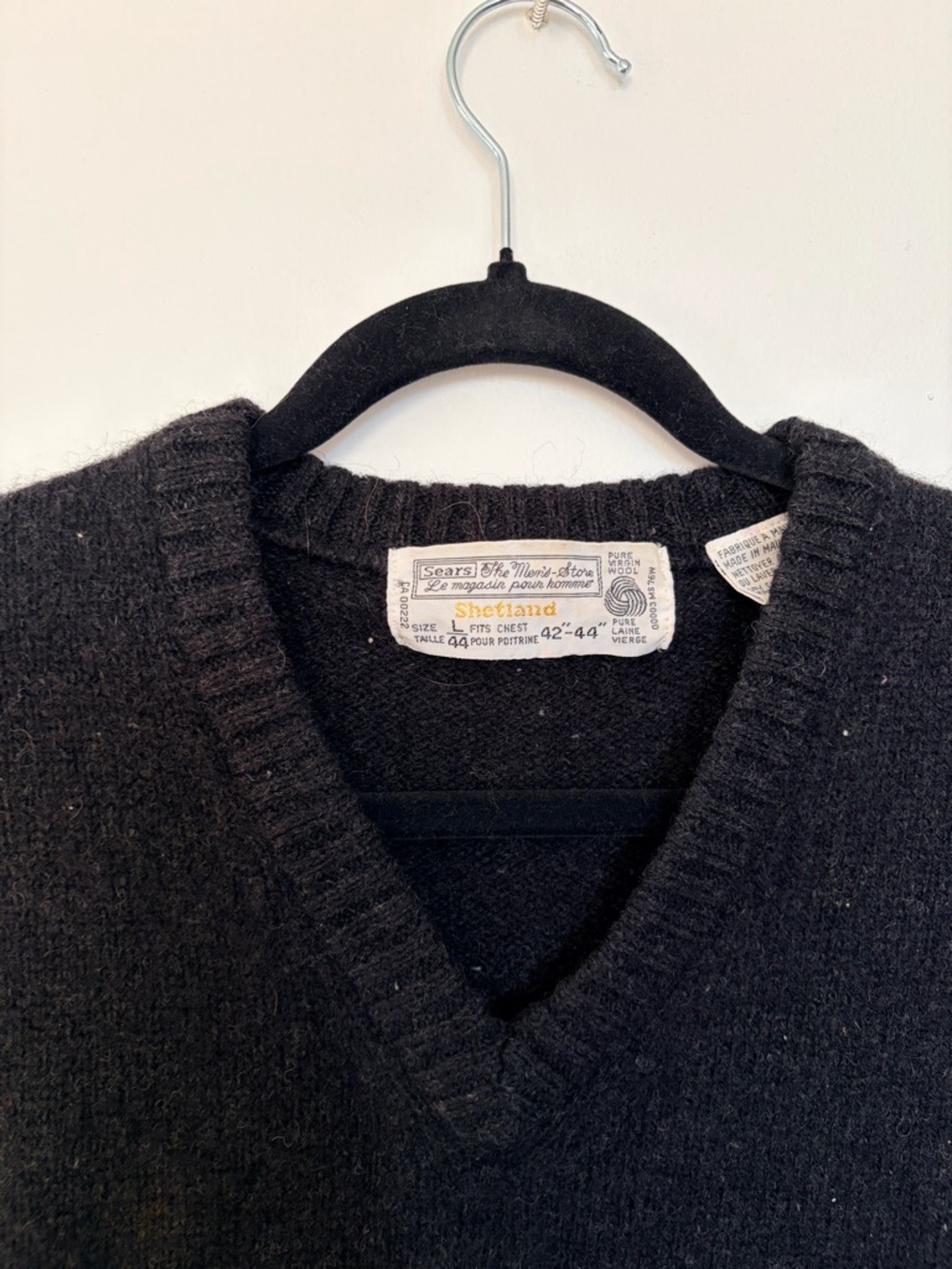 Vintage SEARS The Shetland Virgin Wool Men's Black V‑Neck Knit Sweater Vest - L - Picture 3 of 7
